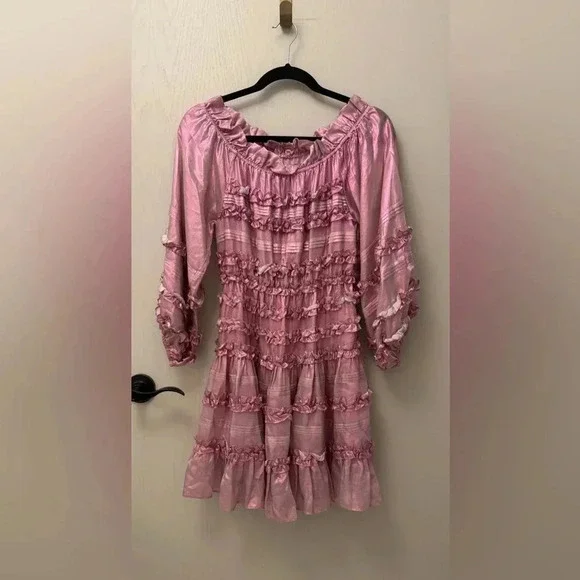 NWT Cynthia Rowley Ella Silk Metallic Foil Ruffle Mini Dress Metallic Blush XS - Picture 2 of 10